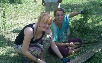 Mary and Poly learning chapping the greens for compost making