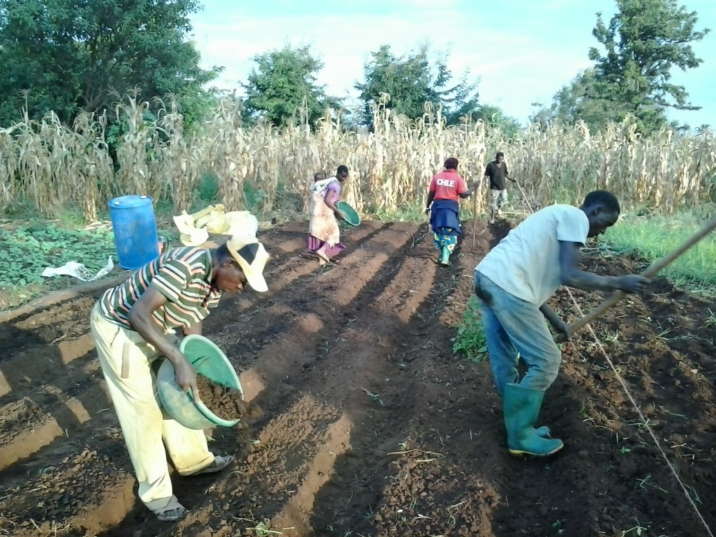 KM family and the Tupendane team adding compost to the raised beds